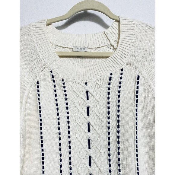 Talbots Womens Medium Ivory Crewneck Pullover Sweater Navy Blue Accents Cotton - Picture 2 of 6